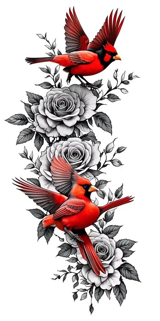 Red cardinals flying upward. Red cardinals flying downward. Roses and Carnations filling in between. Outline of NC tattoo design idea