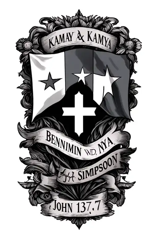  a Texas flag crosses and  add names in order kamya, Benjamin, nya and Simpson and at the scripture John 13:7 tattoo design idea