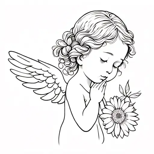 baby angel praying with Chrysanthemum in the hair mini tattoo tattoo design idea