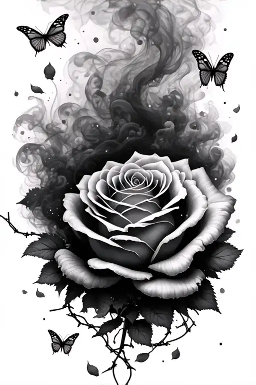swirling thick smoke, with falling rose pedals, and barbed wire with butterflies tattoo design idea