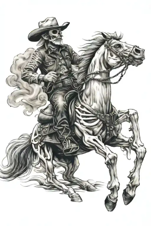 skeleton cowboy, smoking, skeleton horse, running tattoo design idea