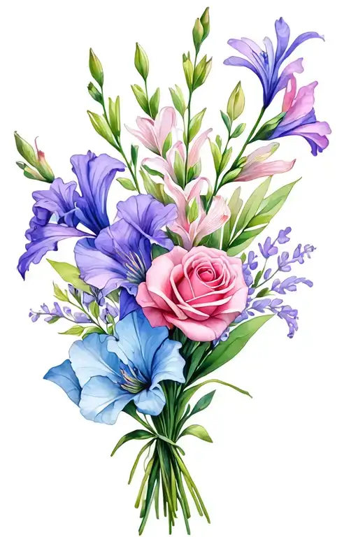 gladiolus, jonquil, lilac rose, sweet pea birth flower bouquet. I like colors: blues, pinks, purples, cyan tattoo design idea