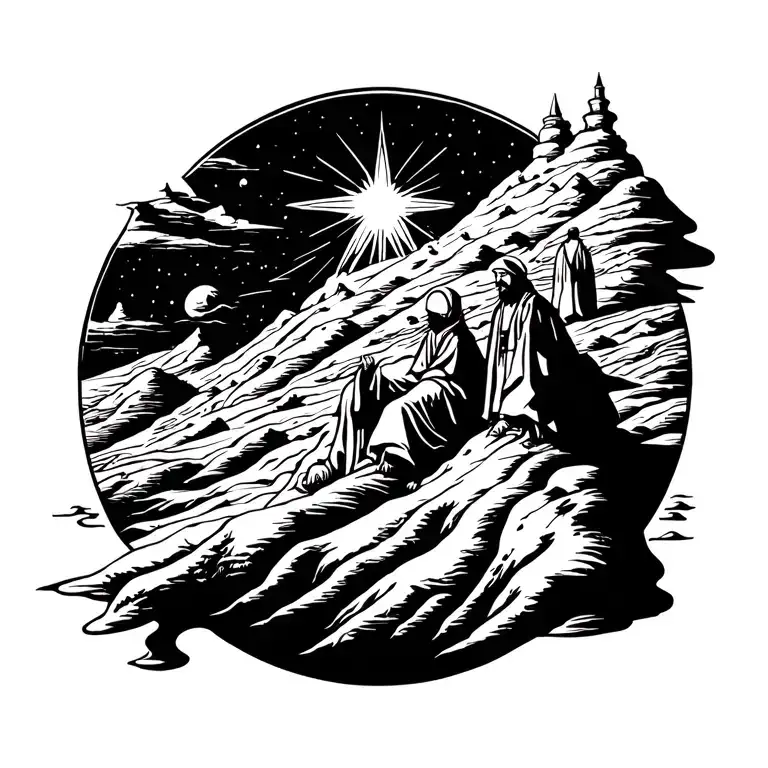 A lot of pilgrims tired of the path in the desert go to a high grief on the top of which a star shines tattoo design idea