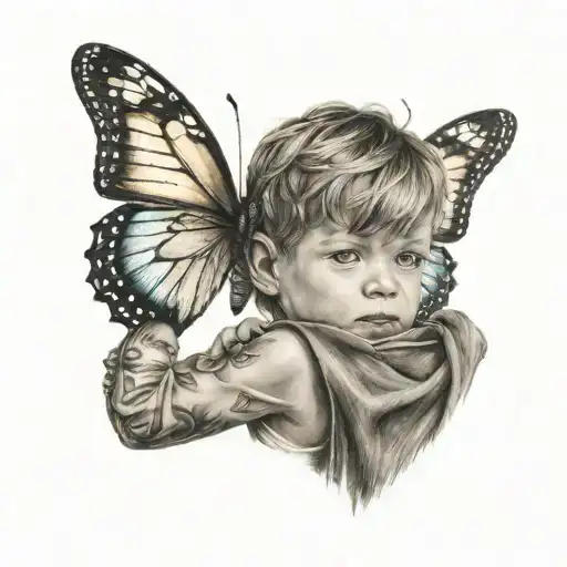 little boy in the arms of a butterfly wings tattoo design idea
