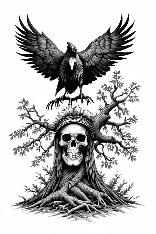 crow, skulls, trees, native american tattoo design idea