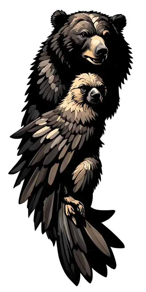 bear and cardinal flying in a statue stone material tattoo design idea