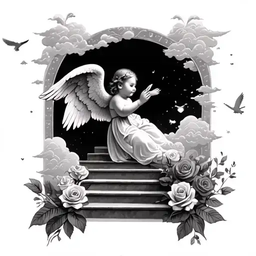 birds and clouds in the background with a baby angel going up the stairs to heaven with roses  tattoo design idea