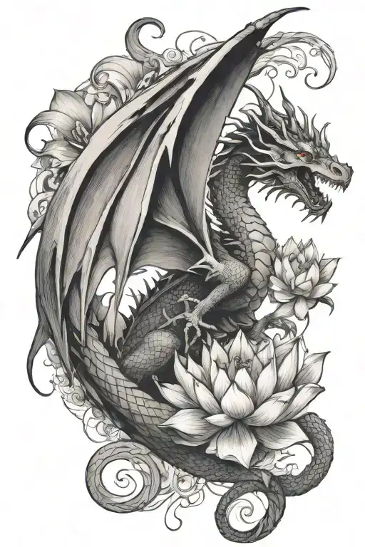 winged dragon with lotus florals tattoo design idea