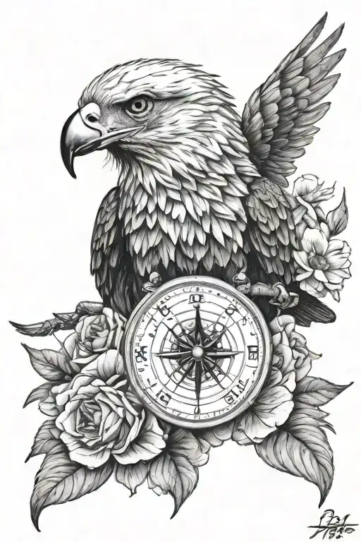 flower bees eagle with a compass tattoo design idea
