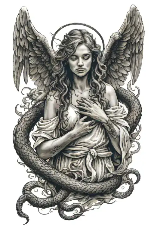 a angel thats is sad holding a crow and and snake in each of her hands sounded by dark clouds tattoo design idea