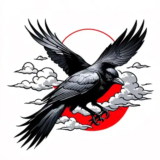 I have a tattoo on the hand, it depicts a raven in a Japanese style, around it clouds. Black-red tattoo. tattoo design idea
