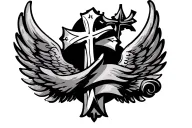 wings with cross and scroll wrapped tattoo design idea