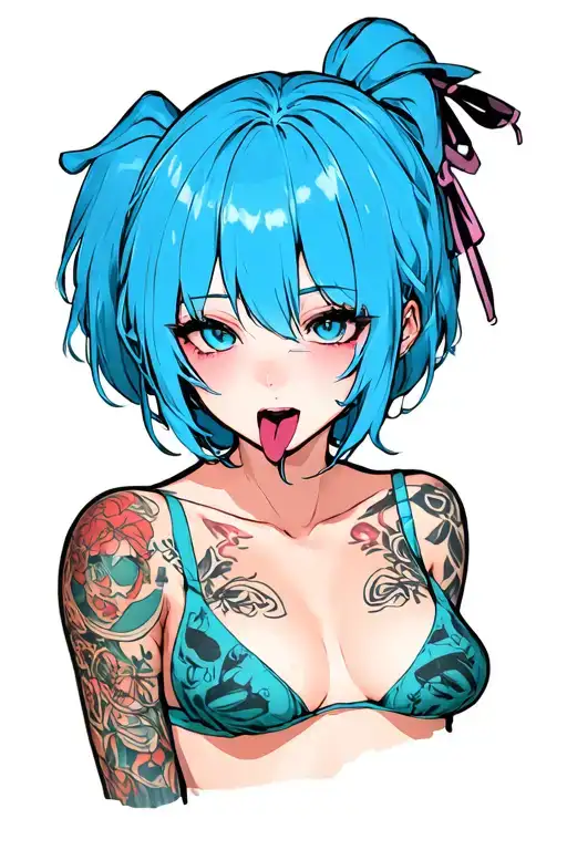 Clean, hentail, nude, bdsm, stick out the tongue, nymphomaniac face, young, sexy front position, small boobs, blue hair tattoo design idea