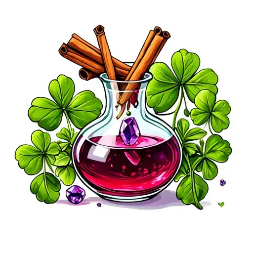 potion bottle filled with cinnamon stick, basil, four-leaf clover, amethyst, and red liquid.  tattoo design idea
