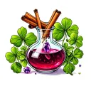 potion bottle filled with cinnamon stick, basil, four-leaf clover, amethyst, and red liquid.  tattoo design idea