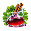 potion bottle filled with cinnamon stick, basil, four-leaf clover, amethyst, and red liquid.  tattoo design idea