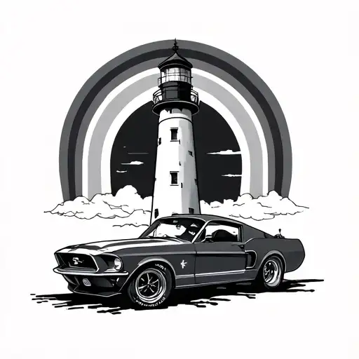 lighthouse, subtle rainbow, TS initials and 68 mustang theme  tattoo design idea