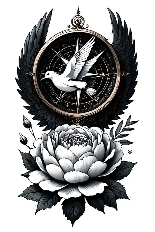 compass, angel wings, bluebird flying, peony flower tattoo design idea