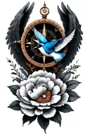 compass, angel wings, bluebird flying, peony flower tattoo design idea