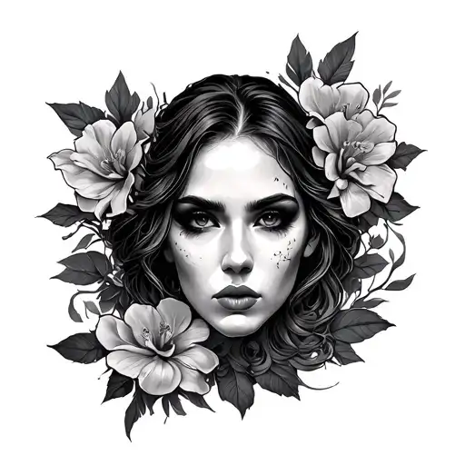 Create a highly detailed, neo-traditional black and grey illustration on a clean white background, vertical composition, tattoo design idea