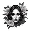 Create a highly detailed, neo-traditional black and grey illustration on a clean white background, vertical composition, tattoo design idea