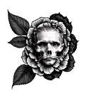 Create a highly detailed, neo-traditional black and grey illustration on a clean white background, vertical composition, tattoo design idea