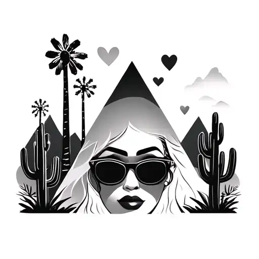palm springs mountains with windmills and cactus and 3 triangles staggered and a brides face with heart sungalsses tattoo design idea