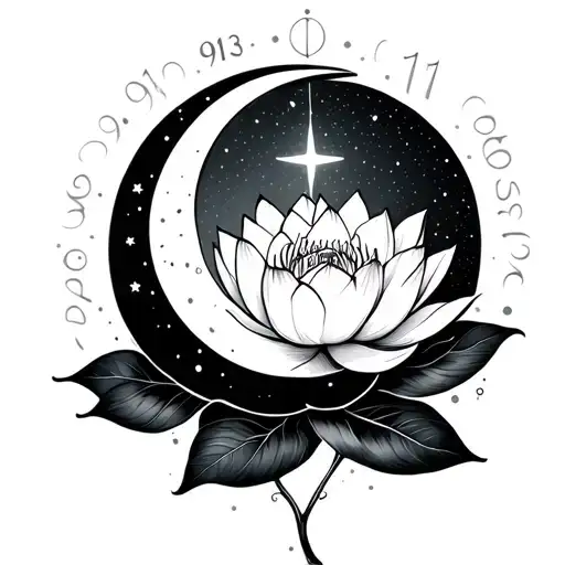 A crescent moon cradling a small star , resting above a lotus flower. include birth time numbers (like 9:11) tattoo design idea