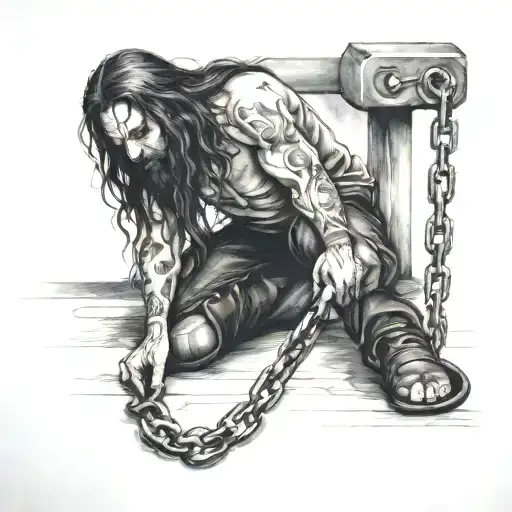 a long haired man breaking a baby's chains shackled in his feet tattoo design idea