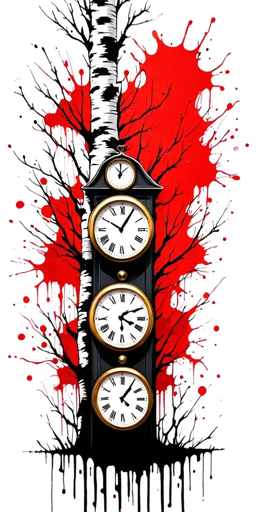 birch tree in summer with three clocks on it tattoo design idea