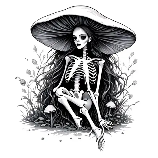 mushroom skeleton fairy simple outline tattoo design idea