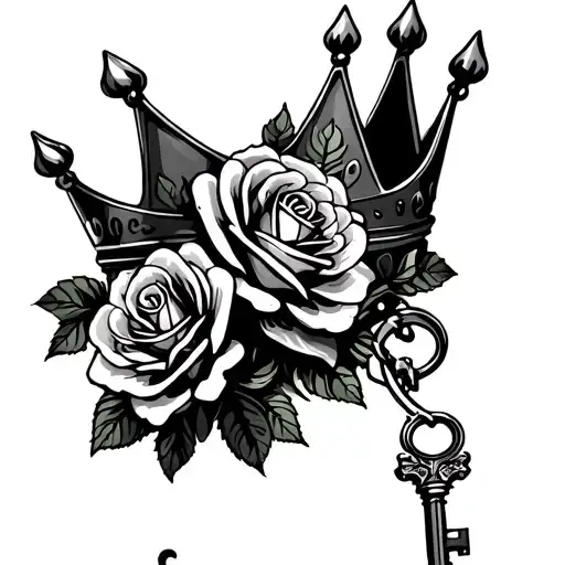 crown with roses and a key unlocking tattoo design idea