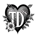 initial couples tattoo T & D with a heart or flower tattoo design idea