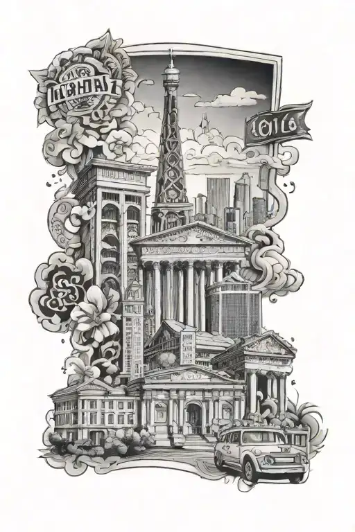travel theme leg sleeve with NYC skyline, Las Vegas, Roman coliseum, and Hawaii tattoo design idea