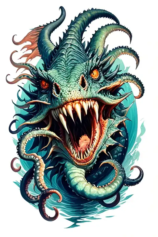 sea monsters fight with tentacles teeth claws tattoo design idea