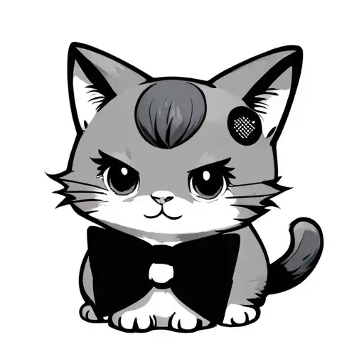 a small male cartoon cat wearing a bowtie with a bald patch on his back tattoo design idea