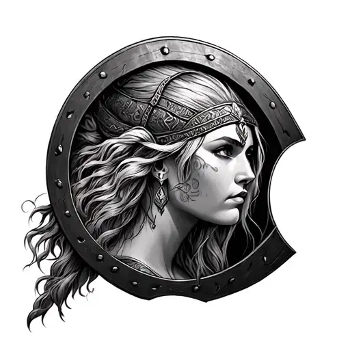 ᛁᛁᚾᛅᚱ ᚠᚱᚬᛋᛏᛁ on a Viking shield maiden tattoo design idea