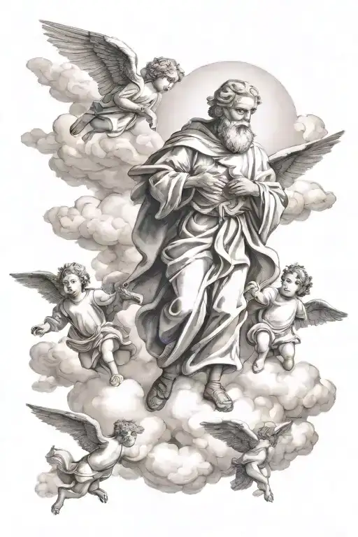  Saint Joseph walking on clouds, with two small angels flying around him tattoo design idea