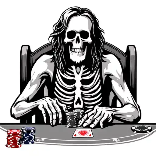 A skeleton with medium length hair and a medium length beard playing poker on a table that says “No wild cards allowed” tattoo design idea