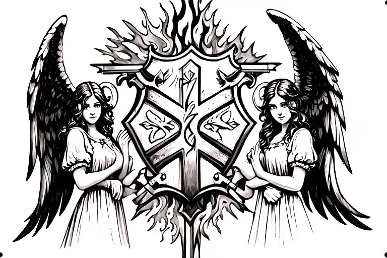angel, shield, cross, fire, ems, 4 daughters tattoo design idea