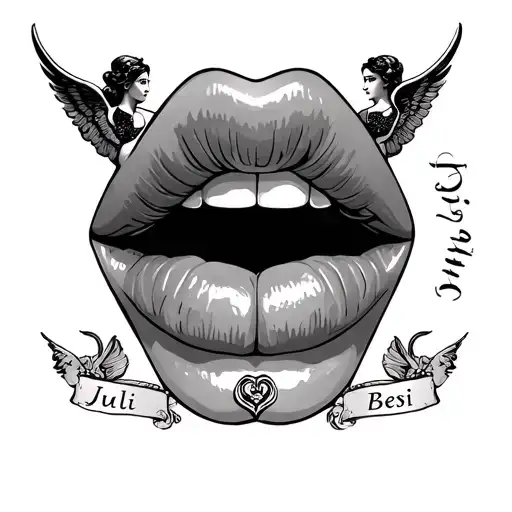 a mouth kissing lips, two angels on the side and two names juli and besi tattoo design idea