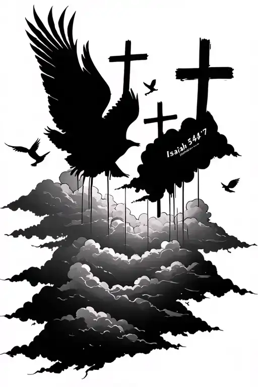 Bible vers Isaiah 54:17 and clouds and three crosses on a mountain with clouds and birds on the forearm tattoo design idea