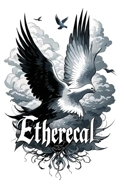 the word ethereal surround by clouds and doves tattoo design idea