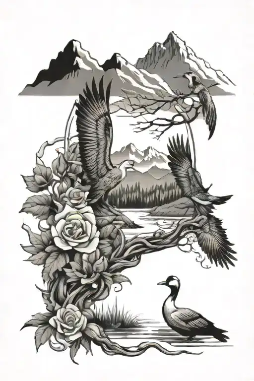 hip tattoo with geese, florals, vines, pine trees, moutains, a river, and other western elements  tattoo design idea