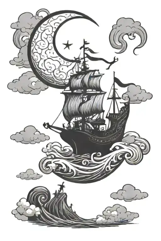 Jacks face from the nightmare before Christmas as the moon shining light on Noah’s ark on the ocean with clouds And plen tattoo design idea