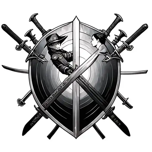 korean vs japanese soldiers war sword shield cross tattoo design idea