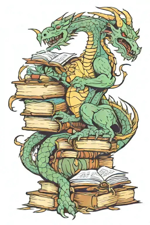dragon sitting on a hoard of books with an hobbit stealing one book tattoo design idea