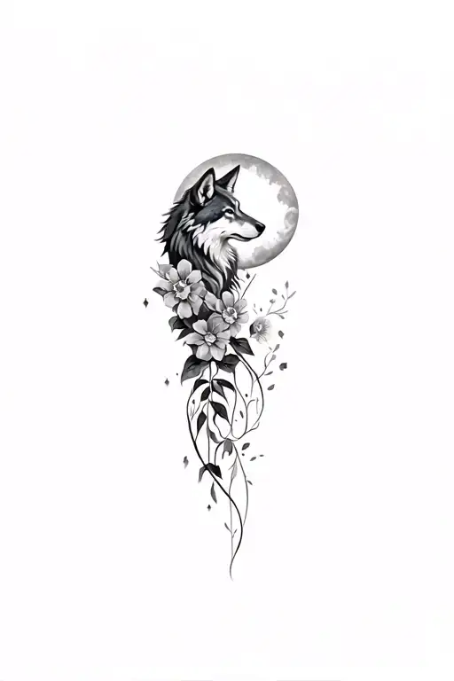 a wolf with flowers many form of the moon and a half sun tattoo design idea