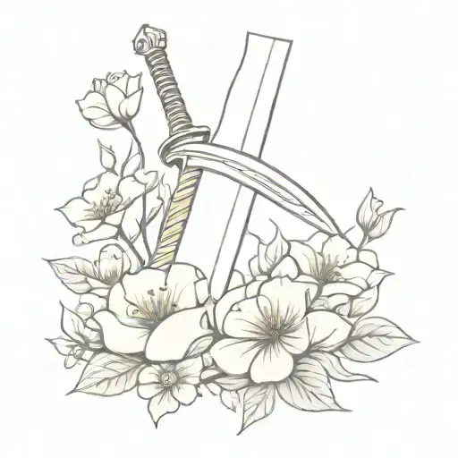sword in a bed of intedwind flowers tattoo design idea