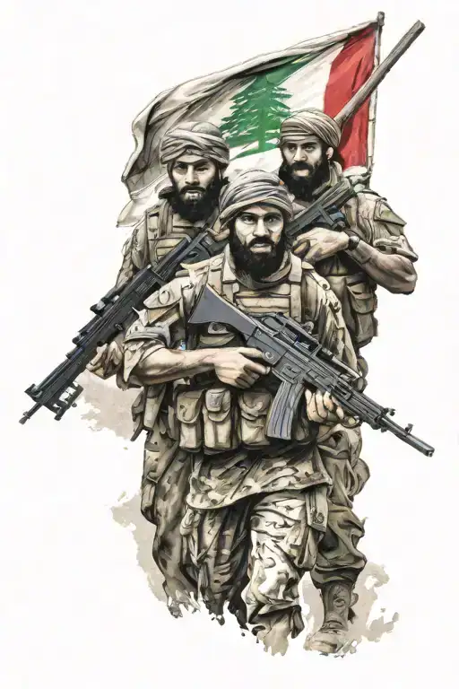 middle eastern soldiers holding Lebanon flag waving tattoo design idea